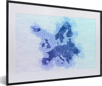 Produktbild von MuchoWow® MuchoWow® Gerahmtes Poster Europa - Karte - Blau 60x40 cm - Poster mit zchwarzem Bilderrahmen - Schlafzimmer - Plakat in Rahmen - Drucken