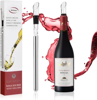 Image de Kit de refroidisseur de vin - Tige de refroidissement pour vin avec verseur en acier inoxydable et tige de refroidissement - Tige de refroidissement pour bouteille de vin avec verseur d'aération
