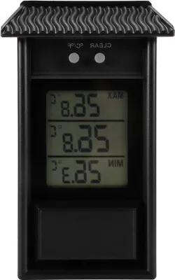 Obrázek produktu pro Digitální nástěnné teploměry – vodotěsné – rozlišení 0,1 °C – teplotní rozsah -20 až 50 °C – napájení na baterie (černé)