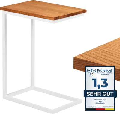 Produktbild von LAMO Manufaktur Beistelltisch | Laptoptisch | Sofatisch | mobiler Kaffeetisch | Nachttisch | 45x30x60 cm | Gestell Weiß | 100% Echtholz Massiv Platte farbe: Rustikal