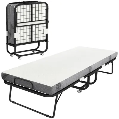 Produktbild von Gästebett Einzelbett - 200x80 cm - Metallrahmen - 10 cm Schaumstoffmatratze - Belastbar bis 150 kg - 4 Rollen (2 feste) - Weiß