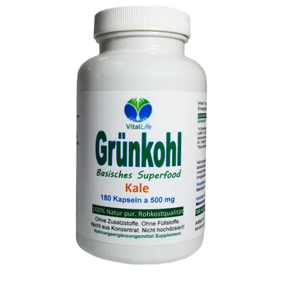 Produktbild von Grünkohl pur 180 Kapseln Vitalstoff Champion & Superfood - Sulforaphan Lutein Antioxidantien - Rohkostqualität. NATUR pur OHNE Zusatzstoffe.