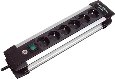 A power strip with multiple outlets and a power switch.