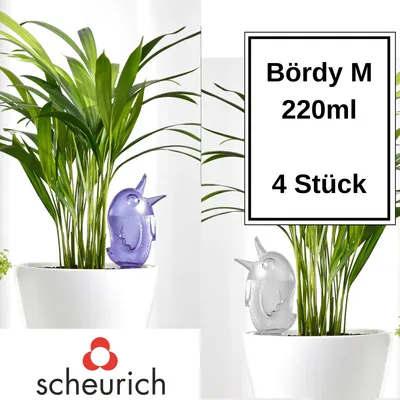 Obrázok produktu pre Dávkovač vody Scheurich Bördy M | sada 4 ks fialová/priehľadná | objem 220 ml | malá zalievacia guľa s hlineným podstavcom | dávkovač vody na rastliny a kvety terakotový stonok