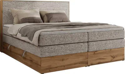 Produktbild von MKS MEBLE Boxspringbett WOOD CLASSIC KING, Doppelbett mit zwei Multipocket-Matratze und Topper T25, hohe Kopfteil, Stauraum - 180 x 200 cm - H3 - Beige Struktur