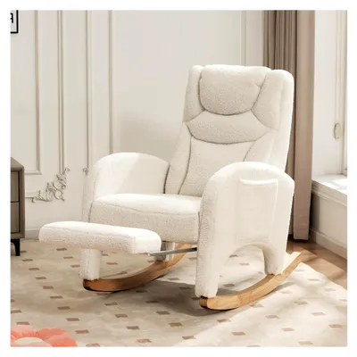 Produktbild von Schaukelsessel mit Hocker und Kopfstütze, gepolsterter Stillstuhl für Wohnzimmer, Schlafzimmer, Babyzimmer, Weiß