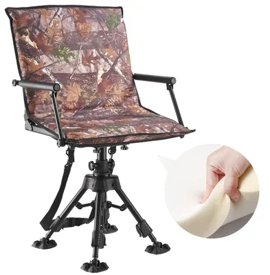 Produktbild von VEVOR Jagdstuhl, 360° leiser Drehstuhl, faltbarer tragbarer Blindsitz, robuster Stahlrahmen Bodensitz, mit Armlehnen, Abdeckung, Anti-Sink-Füße, höhenverstellbar, 158 kg Tragfähigkeit für Camping, Tarn Sitzbezug