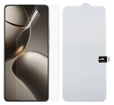 A smartphone screen protector is shown next to its packaging.