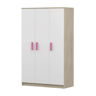 Produktbild von Kleiderschrank Drehtürenschrank  120 cm – Sonoma/Weiß mit rosa Griffe, Kleiderstange & Einlegeböden JONAS 19