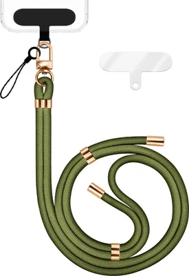 Image de HoldMe Edition - Lanyard avec mousqueton noir & 2 pads - Chaîne universelle pour téléphone portable Bandoulière en nylon - Vert olive