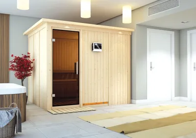 Produktbild von Karibu Sauna Innensauna Gobin Fronteinstieg Ofen 9 kW  externe Strg easy 245x210x202 cm mit Dachkranz mit Graphittür