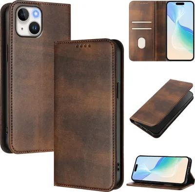 Obrázek produktu pro Pouzdro pro iPhone 13/iPhone 14, vintage kožené pouzdro s RFID ochranou, přihrádkami na karty, stojánkem Hnědý