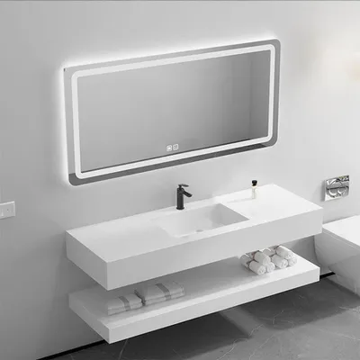 Produktbild von Wandhängendes Badezimmermöbel-Set mit Sinterstein-Waschbecken, Spiegel, Ablagebrett und Ablaufgarnitur in Weiß 120×55 cm