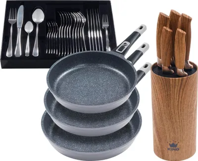 Produktbild von 5tlg. Profi-Bratpfannenset »Moonscape 3er« GRAU Bratpfannen flach (Ø20cm Ø24cm Ø28cm) + 6tlg. Messerblockset + 31tlg. Besteck