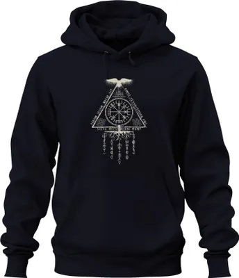 Obrázek produktu pro Vegvisir Runic Compass Nordic Viking Symbol Odin Raven Uni mikina s kapucí, Navy, XL