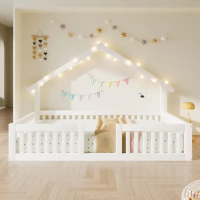 Produktbild von okwish Hausbett 90×200 mit Matratze und Sicherheitsgeländer,Kinderbett mit LED-Lichterkette,Bodenbett in Weiß