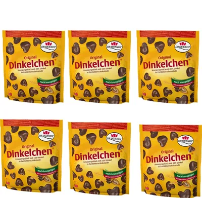 Six bags of Dr Quendt Original Dinkelchen with dark chocolate.
