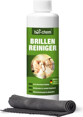Produktbild von bio-chem Brillenreiniger mit ANTI-BESCHLAG-Funktion, Schutz vor beschlagenen Brillen, Anti-Fog, 250 ml Nachfüllflasche + Premium-Mikrofasertuch/Brillenputztuch