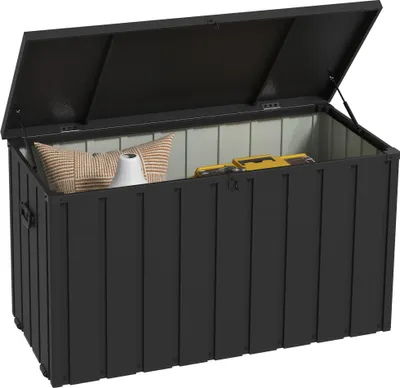 Image de Outsunny Coffre de rangement malle de jardin capacité 450L en métal avec vérin à gaz, roulettes et poignée - dim. 125,5L x 61,5l x 70H cm