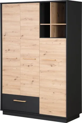 Produktbild von roba Kleiderschrank 'Lenn' 3-türig - in Anthrazit / Holzdekor 'Artisan Eiche' - Inkl. Schublade, offenem Fach & Griffen aus massiver Eiche