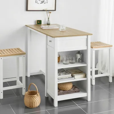 Obrázek produktu pro Vysoký barový stůl - Stůl s barovými židlemi - Kuchyňský stůl - Barový stůl s úložným prostorem - Bílý barový stůl