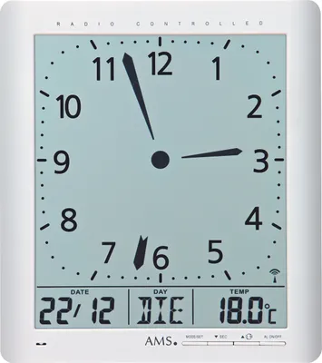 Produktbild von AMS Funk-Wanduhr, Funkwerk mit analoger Zeitanzeige und digitaler Anzeige von Zeit Datum Wochentag Temperatur, 21x24x3cm, 5896