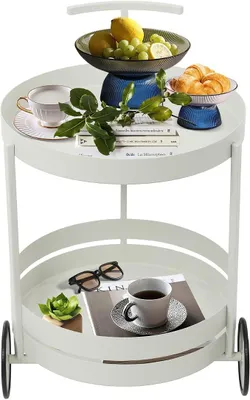 Produktbild von Runder Lagerwagen, Rollwagen Rund mit Rädern 2 Ebenen, Multifunktional Küchenwagen Transportwagen, Lagerwagen für Cafés, Büros, Schlafzimmer, Küchen, Weiß