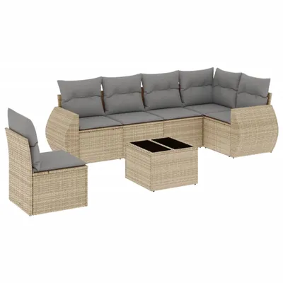 Produktbild von vidaXL 7-tlg. Garten-Sofagarnitur mit Kissen Beige Poly Rattan