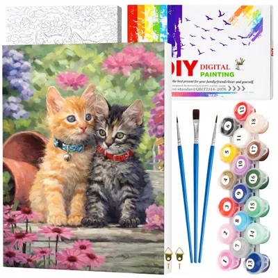 Image de EDIBAZZAR | Peinture par numéros avec cadre, toile de 40 x 50 cm : Deux chatons dans le jardin