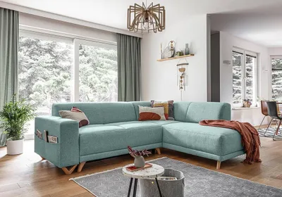 Image de MIUFORM Classy Sophie - Canapé d'angle avec fonction lit et coffre de lit L-FORME GAUCHE - 250 x 192 cm - Pastel bleu- Canapé-lit Canapé