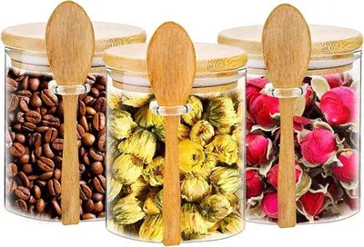 Image de Bocaux de conservation - Lot de 3 - 600 ml - Avec cuillère et couvercle en bambou
