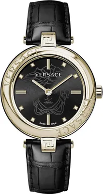 Produktbild von Versace VE2J00421 New Lady gold schwarz Leder Armband Uhr Damen NEU