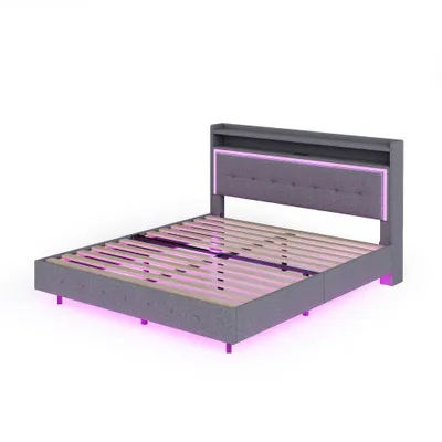 Produktbild von okwish Polsterbett Doppelbett 160 x 200 cm mit USB-Ladeanschluss und LED-Beleuchtung, Funktionelles Stauraumbett mit Kopfteil mit Stauraum(Ohne Matratze)- Beige
