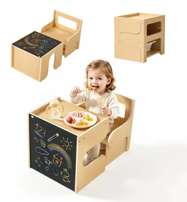 Zdjęcie produktu dla Zestaw stolika i krzesełka Montessori VEVOR, zestaw mebli dla dzieci, drewniane meble dla dzieci, podnóżek z tablicą i miejscem do przechowywania, idealny dla małych dzieci w wieku 1-5 lat do jedzenia, rysowania, czytania i zabawy