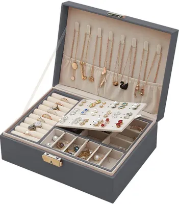 Produktbild von Schmuckkästchen, Schmuck Organizer für Frauen,Schmuckkästchen Damen Kunstleder Schmuckaufbewahrung, Zwei Schicht Schmuck Aufbewahrung Koffer, für Ohrringe Armbänder Ringe Uhren(grau)