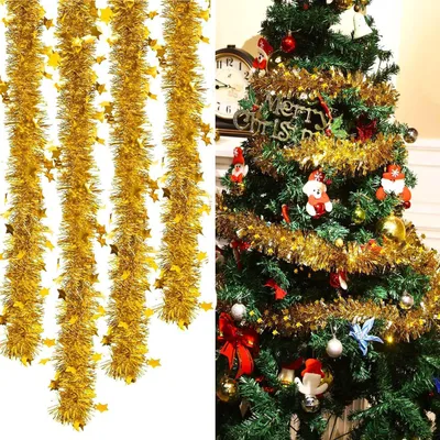 Zdjęcie produktu dla Girlanda świąteczna "Lametta" z gwiazdkami, kolor złoty, 8 sztuk, długość 200 cm