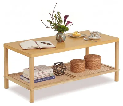 Produktbild von KOMFOTTEU Couchtisch mit Rattan-Ablage, rechteckiger Wohnzimmertisch
