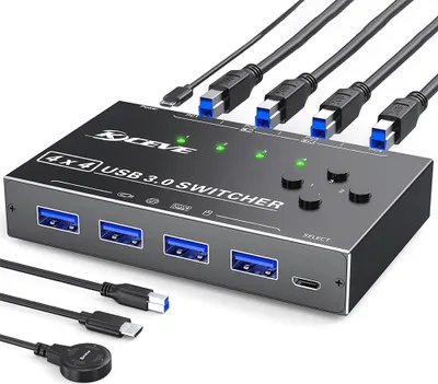 Obrázek produktu pro KCEVE KC-KM434B USB3.0 4-in-4-out přepínač sdílení, sdílení více zařízení, volné přepínání, vysokorychlostní přenos, široká kompatibilita, plug and play pro klávesnici, myš, U-Disk a tiskárnu, kompatibilní s Linux, Windows, Chrome OS, Mac OS