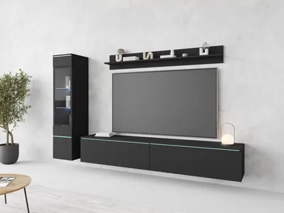 Produktbild von MINIO go for it, Wohnwand,  3-Teilig Set, Veve 1,  Hängend oder Stehend, Hochschrank,  mit LED-Beleuchtung, Schwarz  matt
