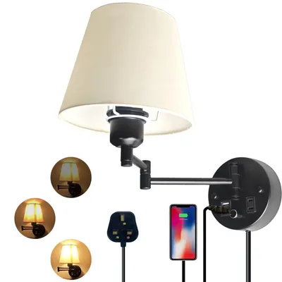 Dimmbare Wandlampe mit Stecker, USB, schwarz, weißer Stoffschirm