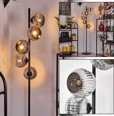 Produktbild von Villamare Stehlampe aus Metall/Riffelglas in Schwarz/Chrom/Rauch, Retro-Design