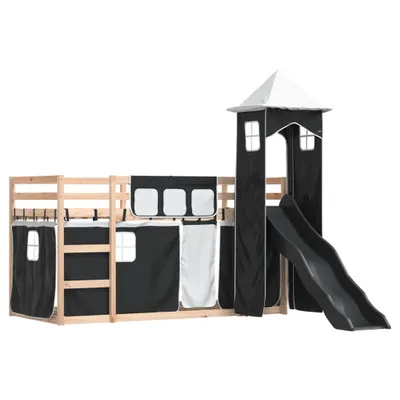 Produktbild von Etagenbett mit Rutsche und Gardinen Weiß und Schwarz 80x200 cm