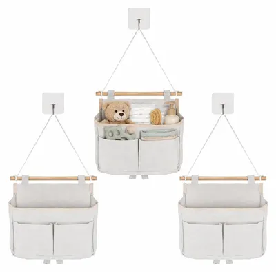 3er-Set Wand-Organizer aus Baumwolle/Leinen, beige, 27x25x6 cm