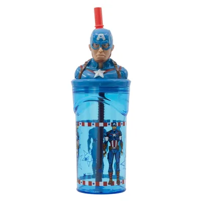 Produktbild von STOR Original Marvel Captain America 360 ml Glas für Kinder mit integriertem Strohhalm und 3D-Figuren berühmter Filmcharaktere.