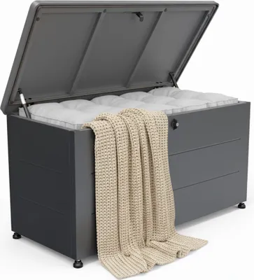 Obrázok produktu pre Relaxdays Záhradný box, sedacie vankúše, náradie, odolný voči poveternostným vplyvom a UV žiareniu, VxŠxH: 59x115x50 cm, box na záhradné vankúše, čierny