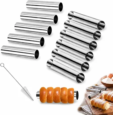 Productafbeelding van Cannoli bakvorm set - 12-delig - RVS schuimrollen & rolvormpjes met reinigingsborstel - Roestvrijstalen Bakhulpmiddelen