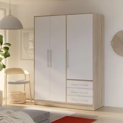 Image de Armoire Chambre Contemporaine, Bois Aggloméré Chêne et Blanc, L 144,6 cm x P 60 cm x H 200 cm, 3 Portes, 3 Tiroirs