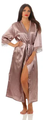 Produktbild von Damen langes Kimono Seidenrobe Morgenmantel; Cappucino M