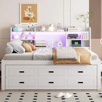 Zdjęcie produktu dla Funkcjonalne łóżko LED 140x200 ze zdalnym oświetleniem, USB+Type-C, 3 szuflady, stolik nocny, wysuwane łóżko, białe, bez materaca