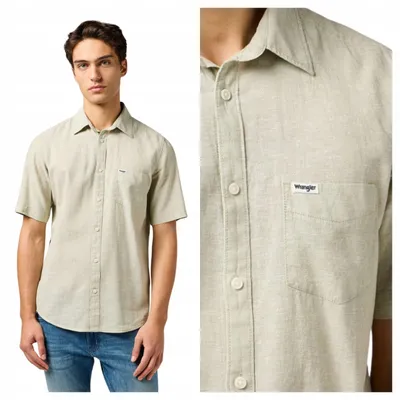 Immagine prodotto di Wrangler | Camicia da uomo a maniche corte, confezione singola, color beige, in cotone, vestibilità regular, taglia S